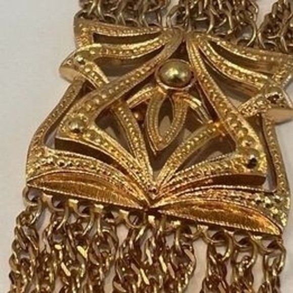 Vtg D'ORLAN Etruscan revival fringe tassel gold tone necklace 70's 26" - Picture 10 of 10